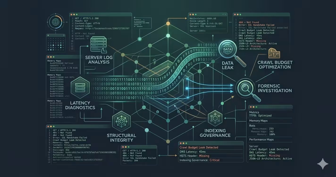 Digital forensic analysis interface showing server logs, data encryption patterns, and infrastructure security nodes on a dark technical background